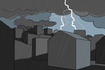 Les orages peuvent se produire n'importe où et de manière imprévue. Un paratonnerre protège de manière fiable les bâtiments contre la foudre. La foudre frappe une zone urbaine lors d'un orage d'été, avec des éclairs en arrière-plan.